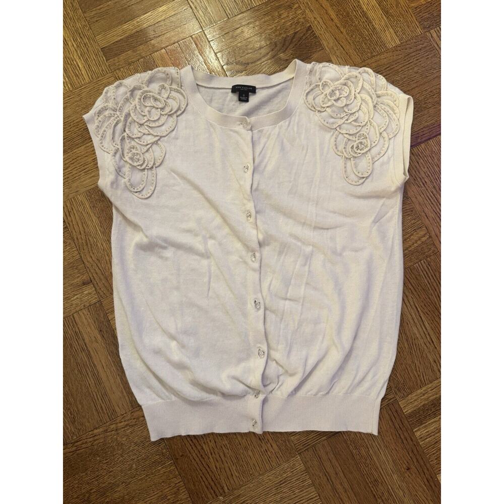 Ann Taylor Floral Embellished Cardigan Short Sleeve Shirt Career Cream Crystal